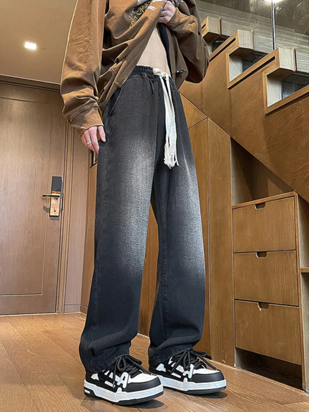 

Bla Waed out Corduroy Jeans Men's Loose Straight Leg Wide Leg Pants Trendy Brand Versatile Trousers American Sle Spring...