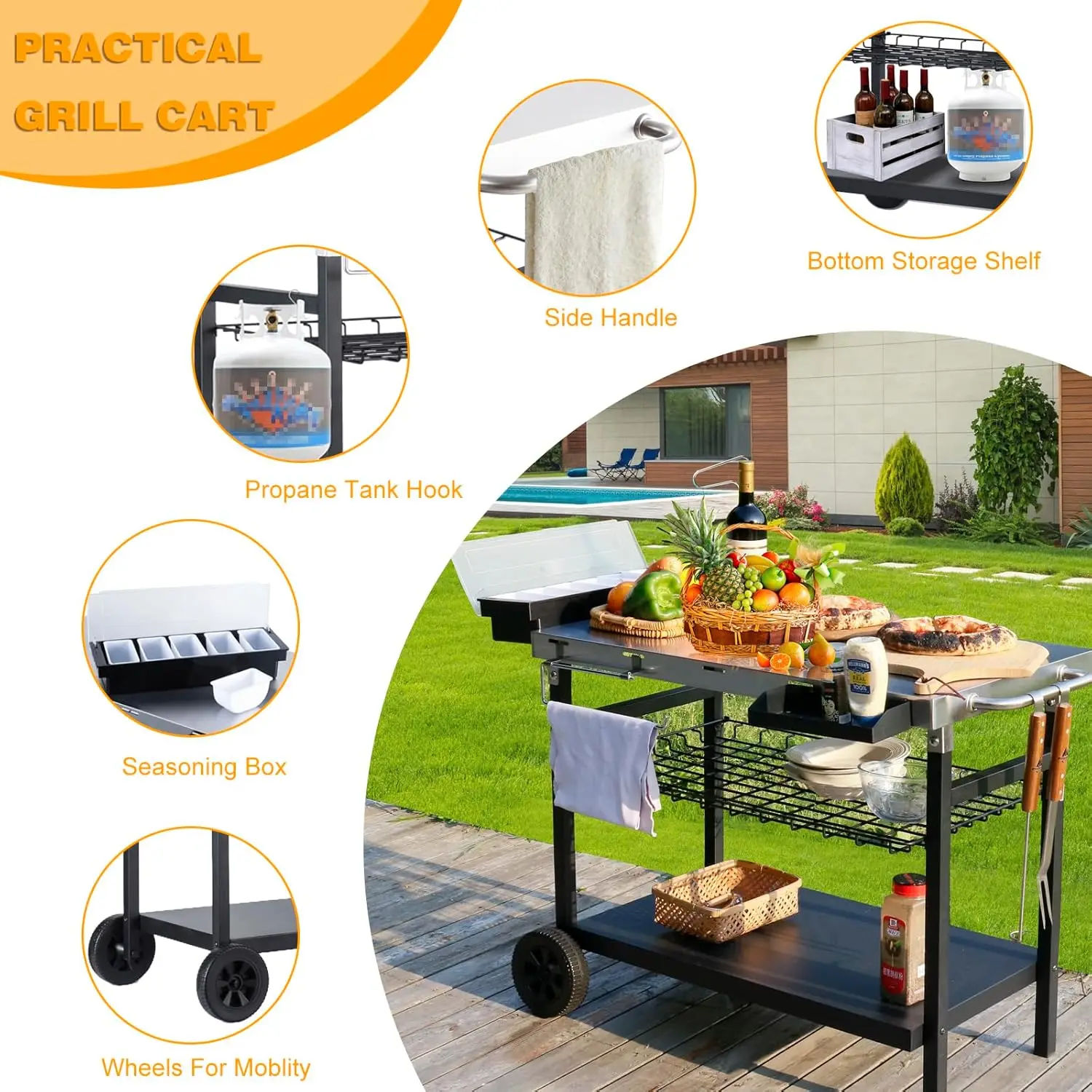 Outdoor Grill Cart,3-Shelf Movable Kitchen Cooking Prep Bbq Cart With Wheels,Outdoor Grill Stand With Seasoning Box,Spice