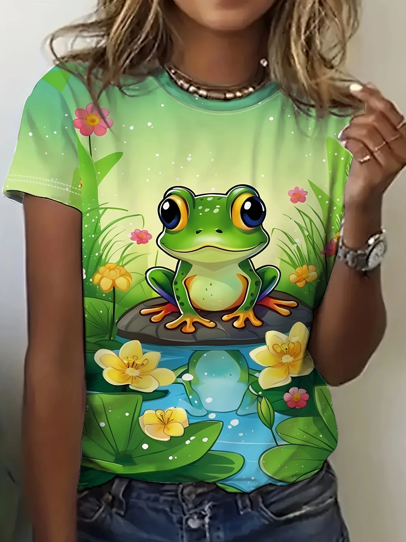 Women Crew Neck Short Sleeve T-shirt Cartoon Big Eyes Frog Lotus Pond Floral Green Gradient Casual Summer Top