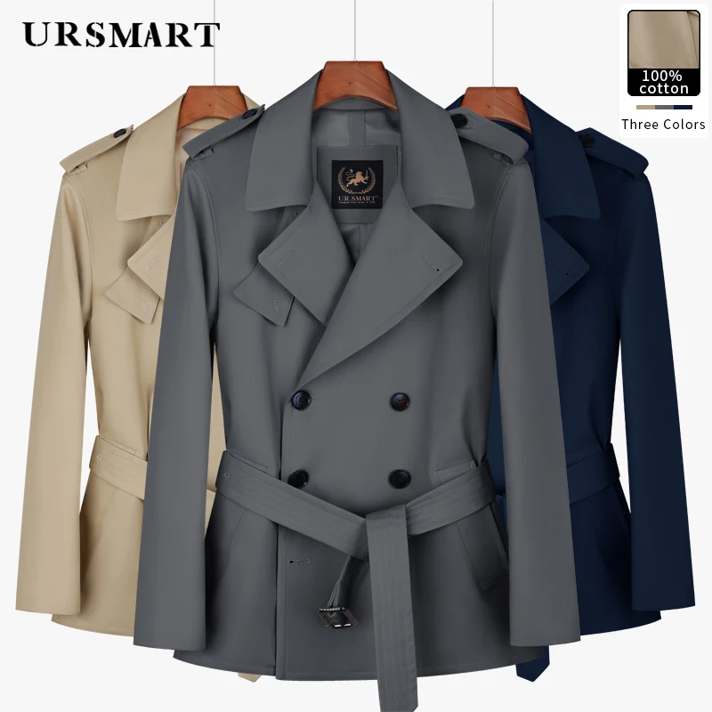 Cotton short trench coat for men large lapel with double breasted fashionable khaki thickened down inner  for warmth loose windb