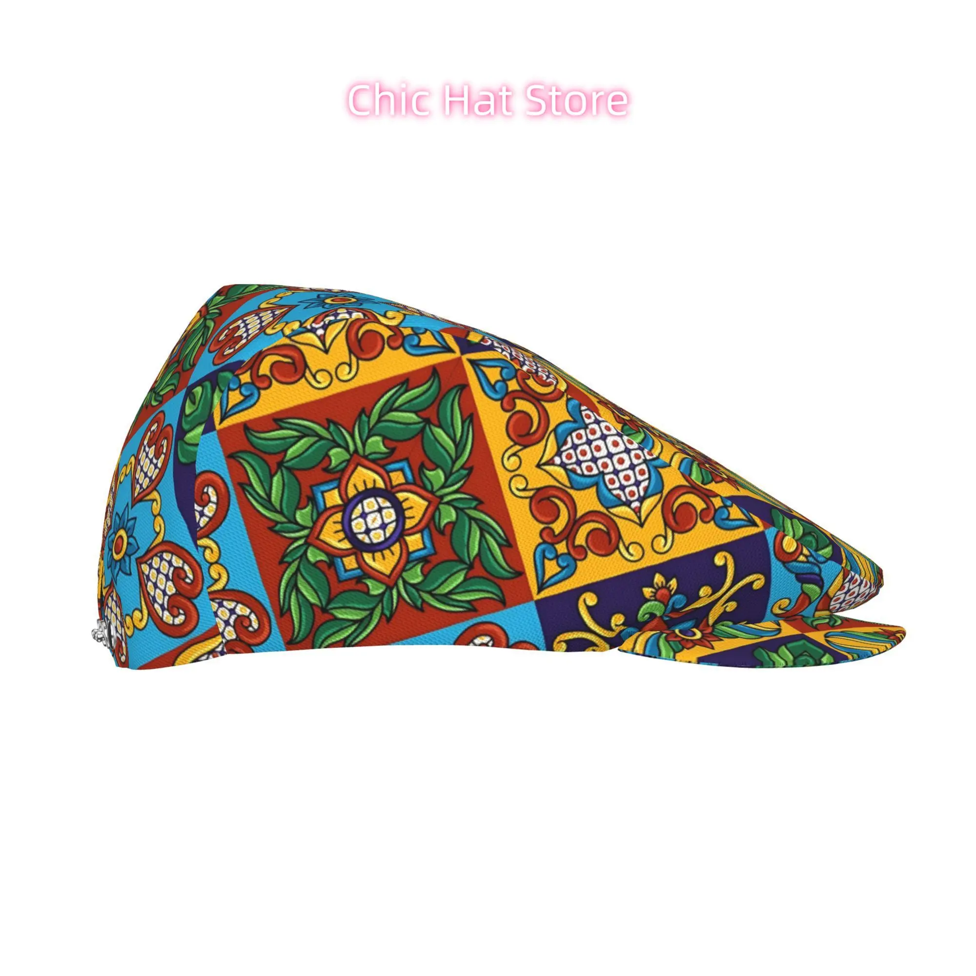 1pc Mediterranean Tile Pattern All-Over Printing Flat-Top Hats for Men And Women, Newsboy Caps, Berets, Irish Hats, Driver Caps,