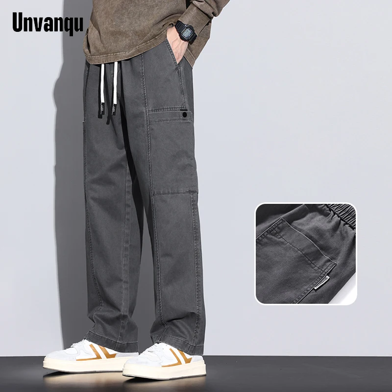 Unvanqu Japanese Spring Summer Casual Trousers High Quality Fashion Elastic Waist Wide Leg Straight Trousers Office Cargo Pants