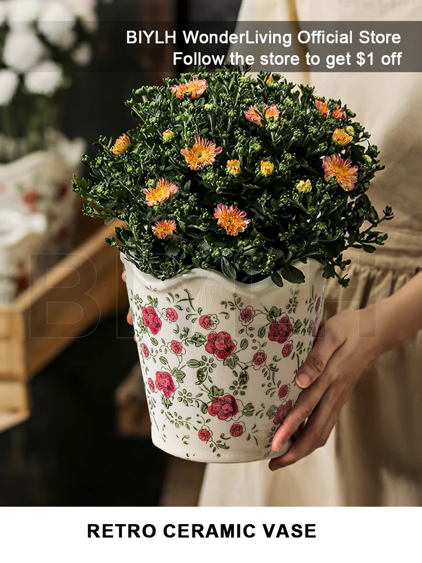 Retro Ceramic Flower Pot Rose Pattern Vase Home Decoration Soil Culture Flowerpot Pastoral Garden Accessories Table Ornament