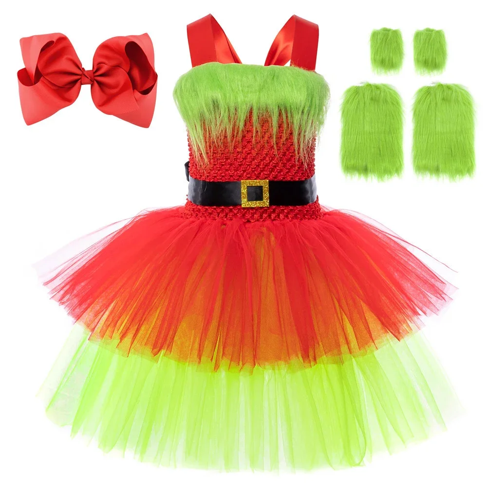 Santa Claus Grinch Costume Kids Girls Christmas Tutu Dress Outfit Toddler Girls Halloween Green Fur Monster Dress Up Clothes