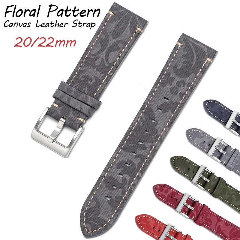 Blumenmuster Canvas-Leder-Uhrenarmband 20mm 22mm Hochwertiges Vintage-Nylonband Elegantes Business-Armband mit Gebürsteter Schnalle