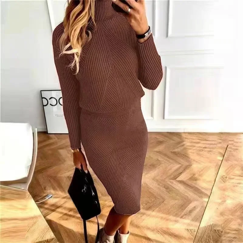 2024 Autumn Winter Women\'s Knitting Costume Turtleneck Solid Color Pullover Sweater Slim Skirt Two-Piece Set Female Warm Suits