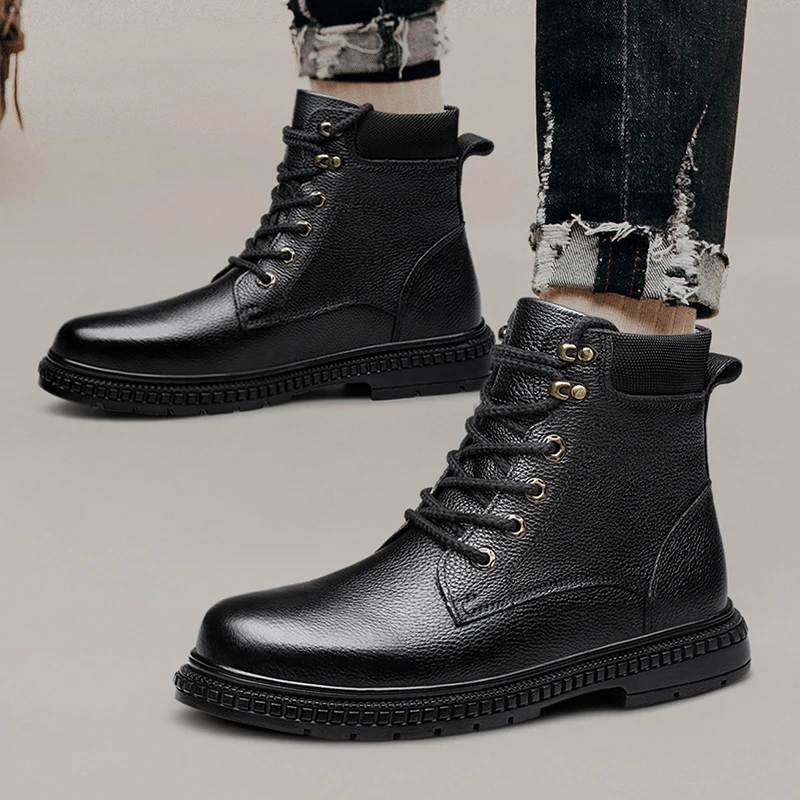 Winter Men Warm Plush Leather Boots Fashion Causal Boots Genuine Leather Shoes Comfy Durable Outsole Mens Outdoor Cowhide Boots