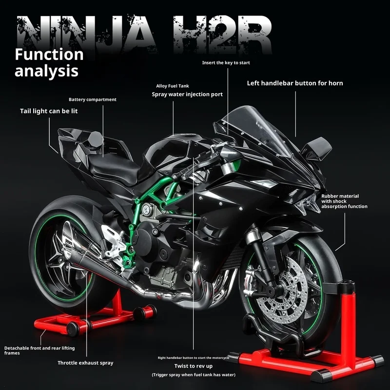 Kawasaki Ninja H2R Modello dinamico in scala 1:9 - Motocicletta in lega effetto fumo in confezione regalo, auto da collezione