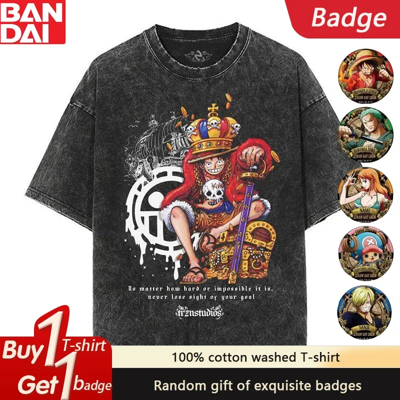 

Official ONE PIECE Black Washed Tee Men's Luffy Pirate King Print with Red Cape & Treasure Chest Anime Design​