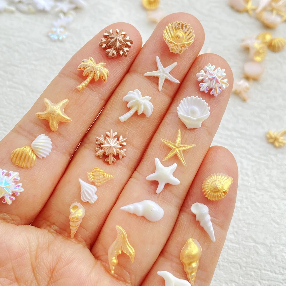 100Pcs Cute Mini AB colored starfish, shells, snowflakes, coconut trees Nail Art Resin Designer Charms DIY Decorations Jewelry