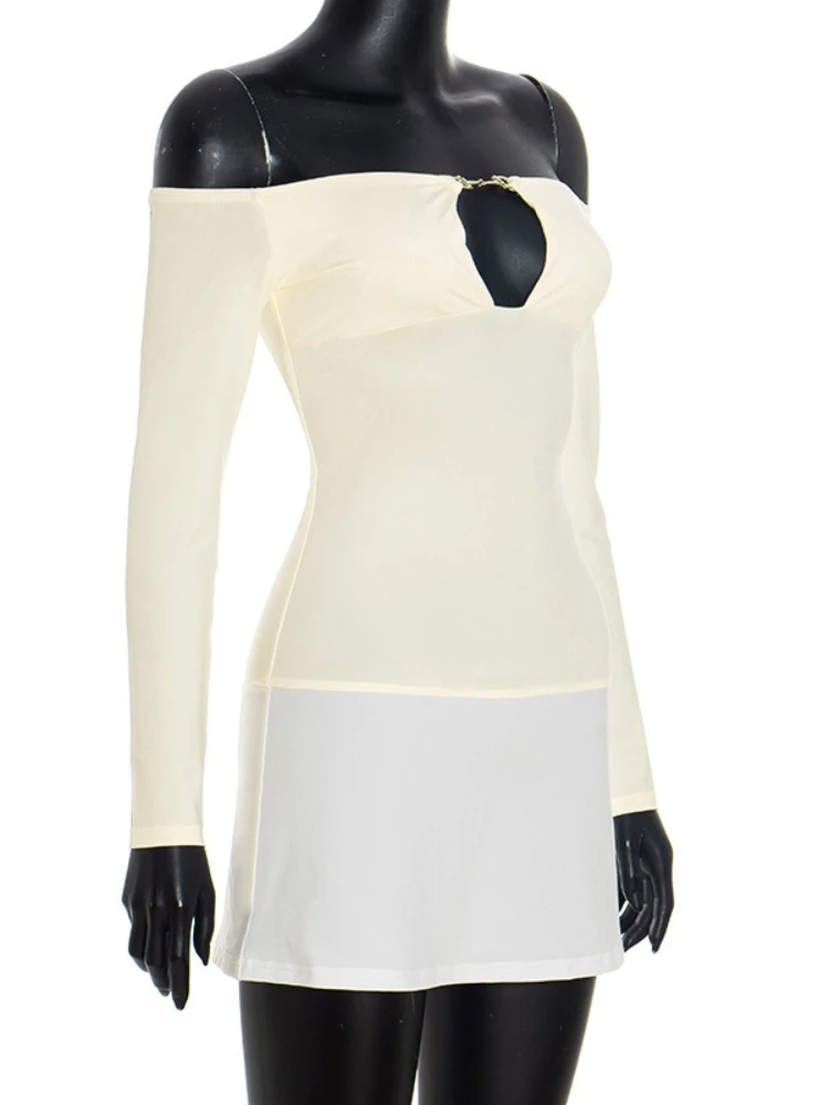 SsTss 2025 otoño fuera del hombro de manga larga Mini vestido ajustado mujeres moda Color Match Slash Neck recortado vestido ajustado de una pieza