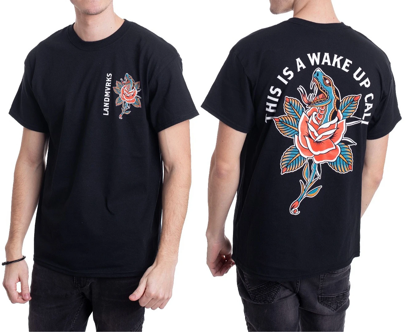 

Black Pure Cotton T-shirts for Men and Women with Black Snake and Rose Tattoos Around The French Metal Core BandModel