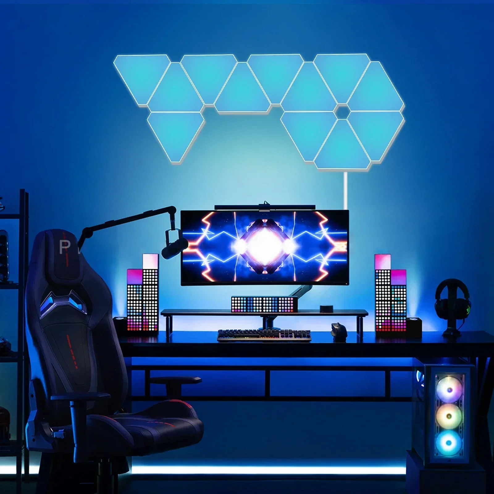 12 pezzi 5V Bluetooth LED Triangolo Quantum Atmosphere Lights Lampade da parete RGB intelligenti Controllo APP per giochi, camera da letto e decorazioni per la casa