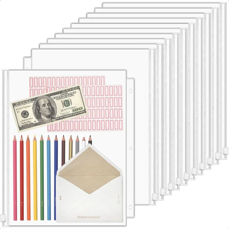 

24 Pack Clear Letter Size Binder Pockets 3 Holes Thickened Zipper Binder Pouch 3Hole Punched Document Folders Loose Leaf Fillin