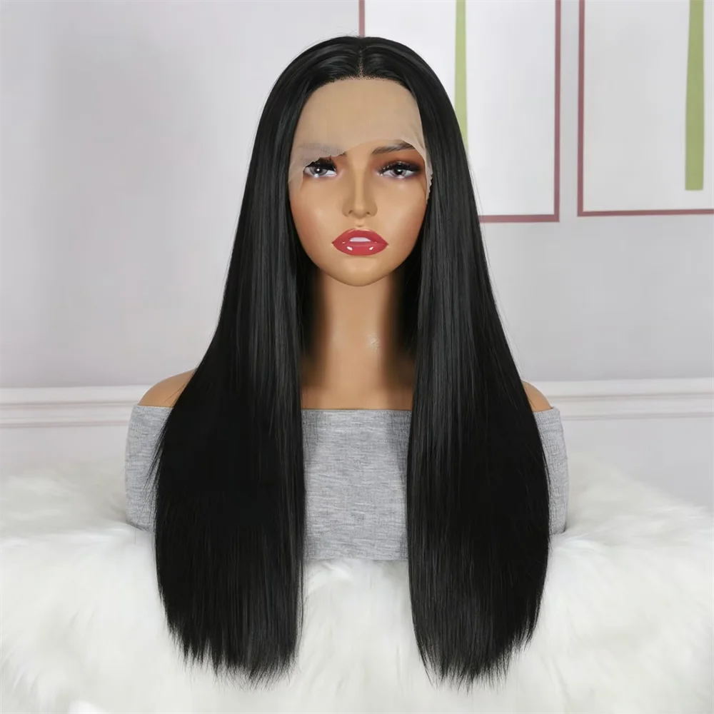 

Long Soft 13x4x1 26 Inch Black Straight Heat-Resistant Lace Front Wig For Women With Synthetic Preplucked Glueless Baby Hair