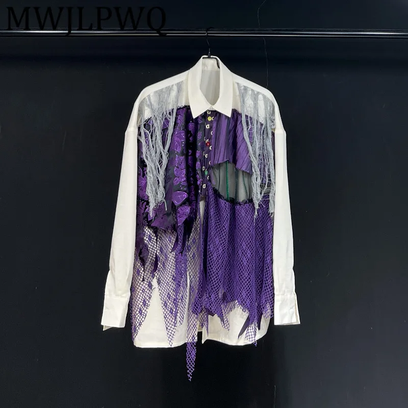 

MWJLPWQ Mesh Hollow Out Design Male Lapel Shirts Long Sleeve Tassel Streetwear Men's Autumn 2025 Tide Casual Tops Trendy 11854