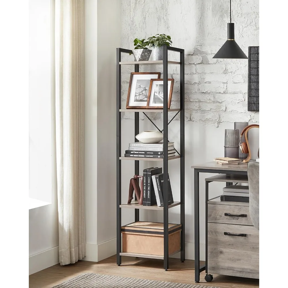 

Bookshelf, Bookcase,5-Tier Storage Shlef Rack Steel Frame,for Living Room,Office,Study,Hallway,Industrial Style,Greige and Black