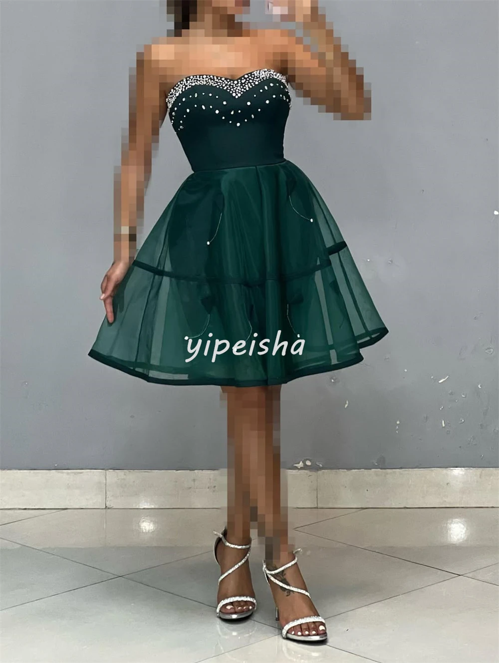 Customized Fashion Classic Organza Rhinestone Pleat A-line Strapless Knee Length Dresses Bespoke Occasion Dresses Matching Sexy