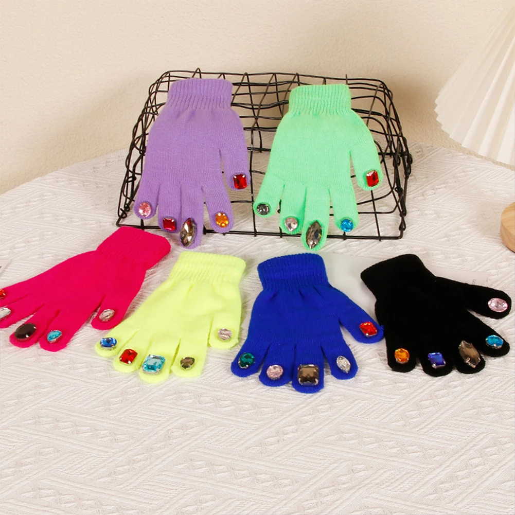 Female Gloves Full Finger Mittens Rhinestone Inlaid For Winter Fashion Warm Gloves Outdoor Cold Protection Knitted Glove