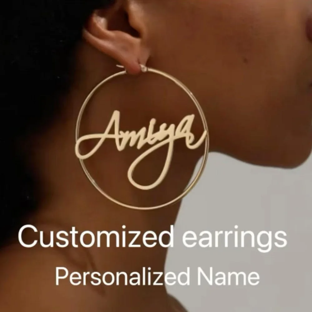 

Nameplate Hoop Earrings,Custom Earrings,Gold Name Earrings, Minimalism Earring,Statement Large Big Hoops Gift for Friends,60mm