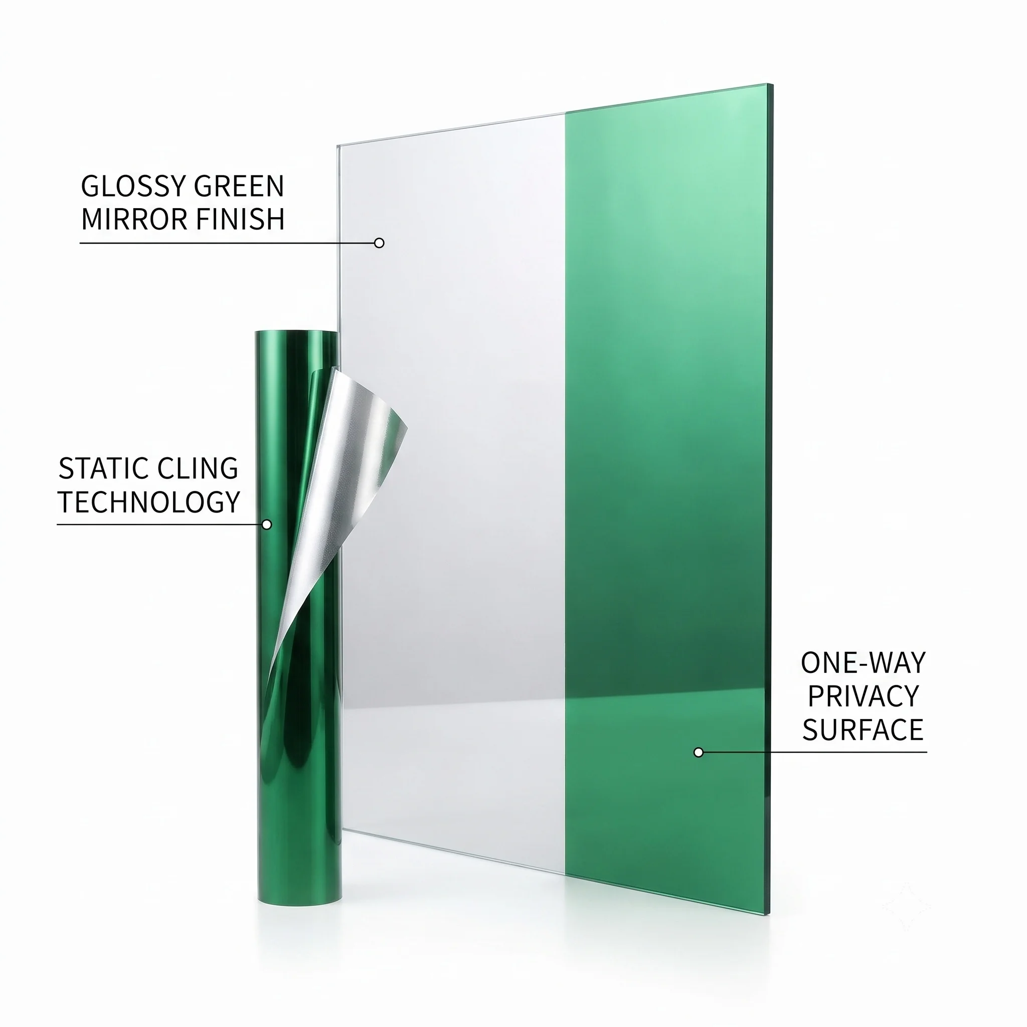 Green Silver Static Cling Window Film Heat UV Block One-Way Daytime Privacy Mirror Tint Reusable No Glue Glass Sticker