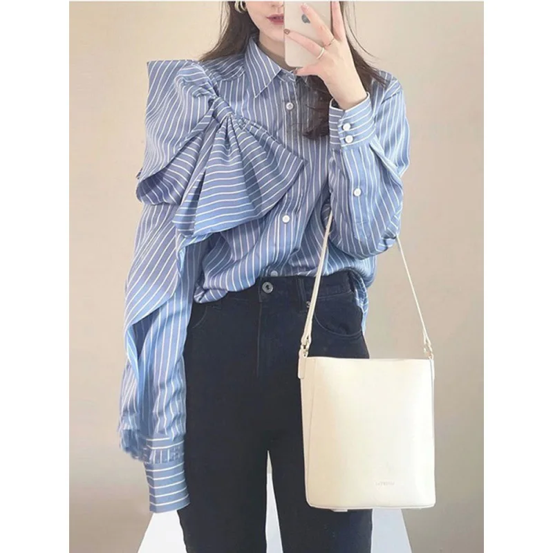 

Blue Striped Shirt Women's Spring Fashion 2024 New Design Boyfriend Style Knot Top Polyester Long Sleeve Neck