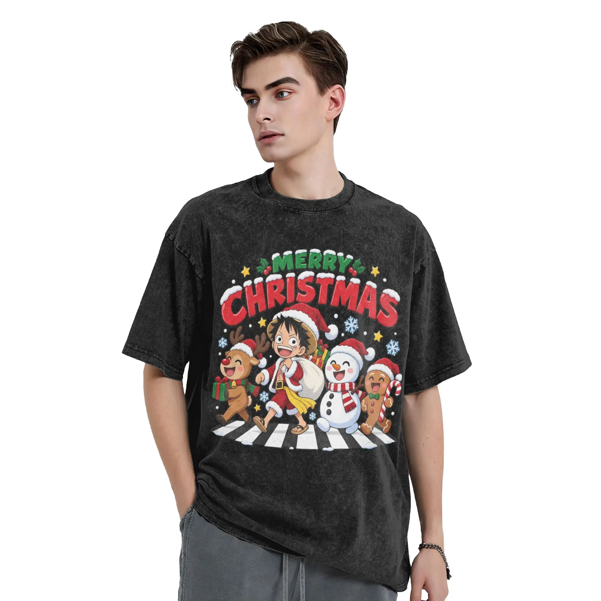 Anime Ones Pieces Luffy Christmas Washed T Shirts Streetwear Retro T-Shirt  Tee Shirt for Men Women 100% Cotton Oversize Summer