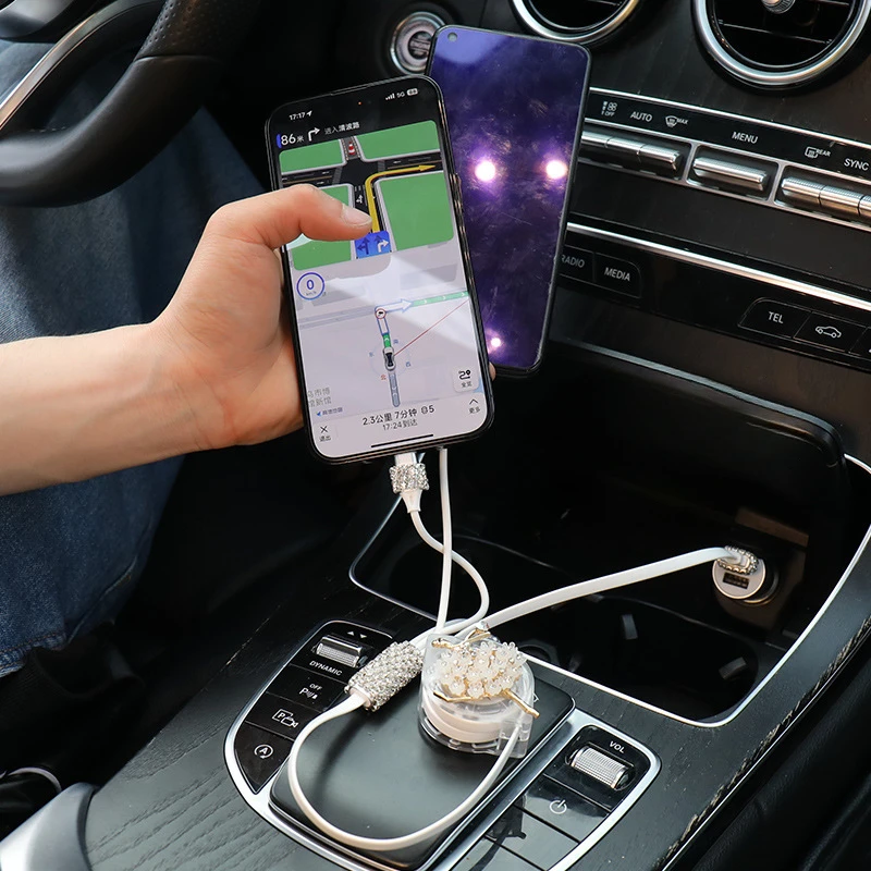 Bling Crystal Car Charger Charming Cute Auto Fast Charging with 1 in 3 Data Line Car Accessories for Android IPhone