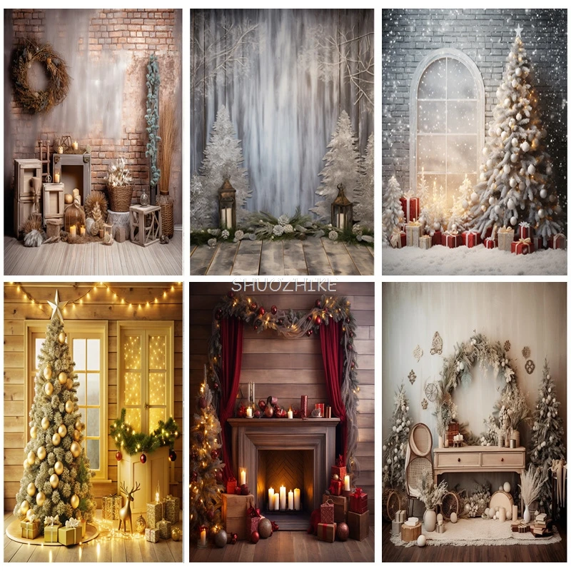 

Vintage Christmas Day Photography Backdrops Prop Fireplace Winter Xmas Tree Decoration Flower Garland Wood Door Background JL-04