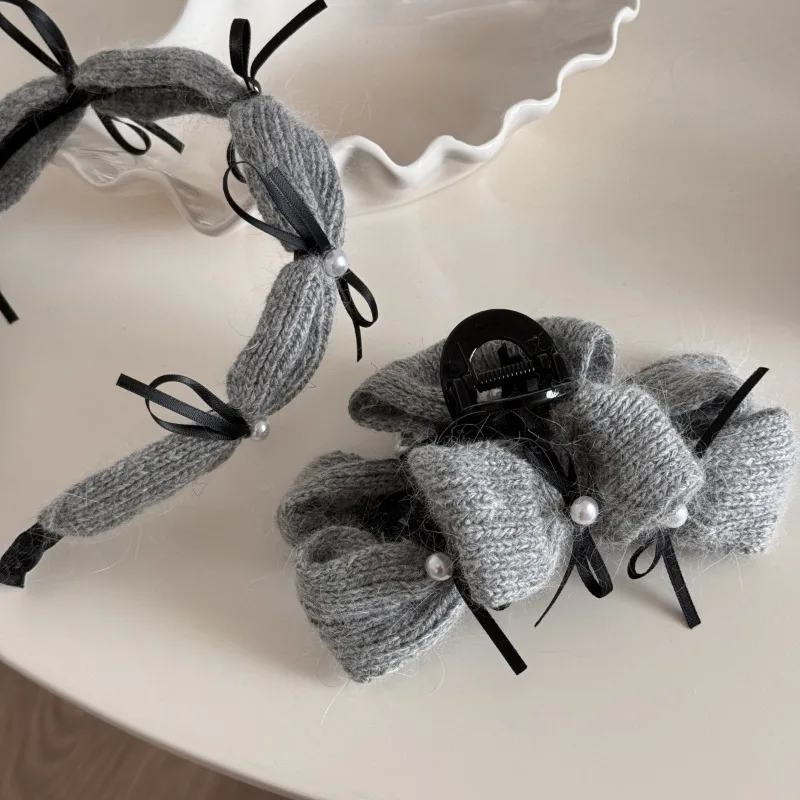 Gray wool bow grab clip premium pearl hairpin autumn and winter headgear disc hair shark clip hair accessories new