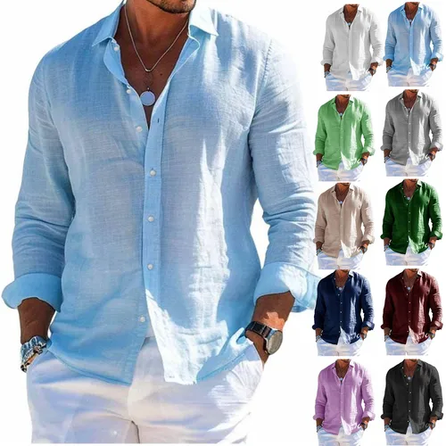 Imagen 2 del producto Tops para hombre, camisa de manga larga, nuevo estilo, algodón, lino, color sólido fresco, solapa holgada, cárdigan informal de estilo playero para primavera y verano
