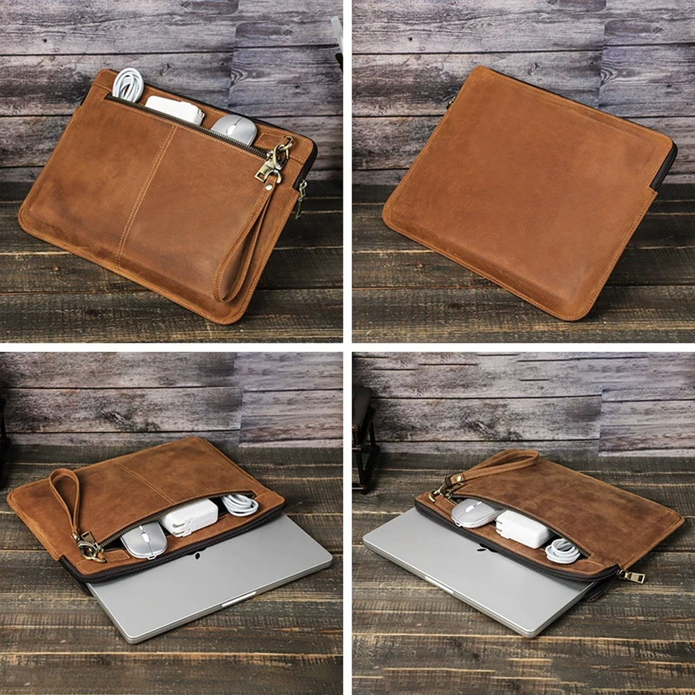 Genuine Cowhide Leather Laptop Sleeve for MacBook Pro 14 Protective Carrying Case Business Notebook Cover Bag view 2