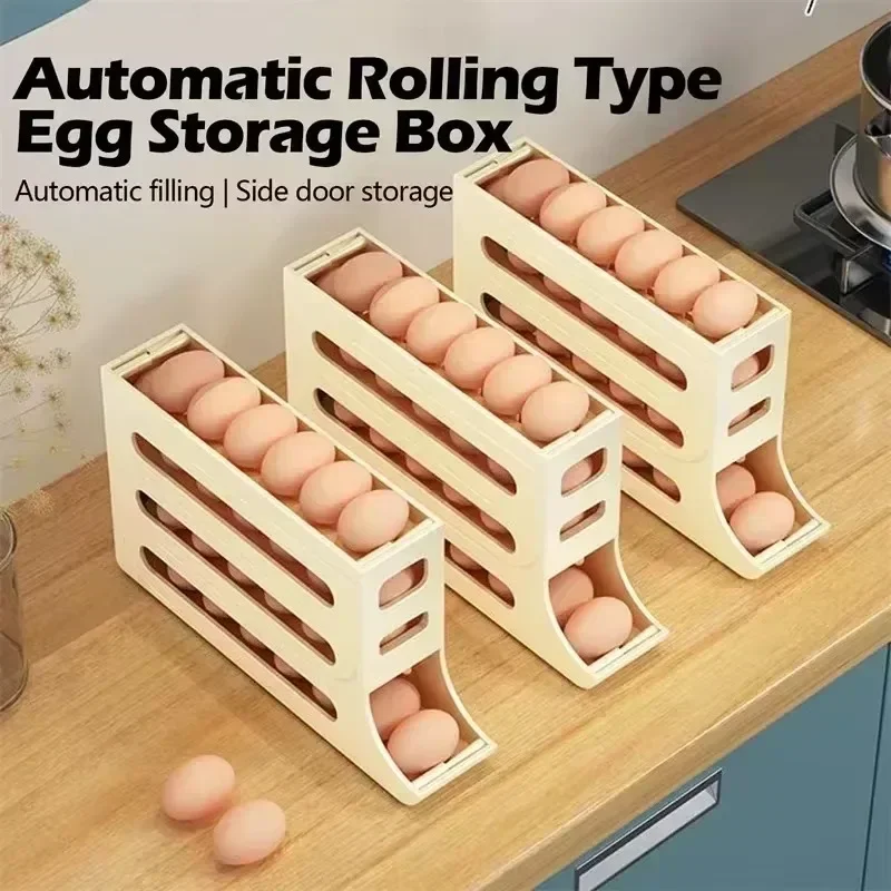 2/4 Tiers Automatic Rolling Slide Egg Rack Refrigerator Eggs Storage Box Rolldown Egg Basket Container Organizer Kitchen Storage