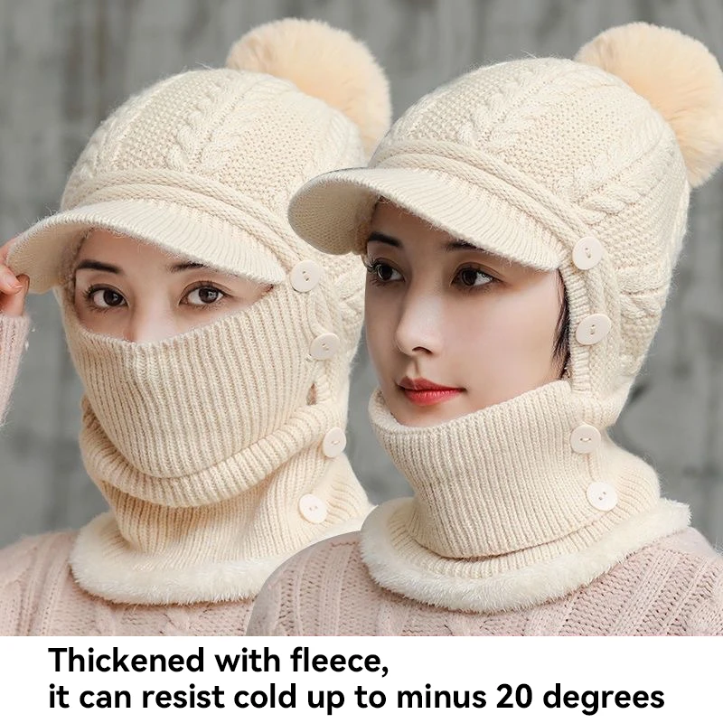 

Thickened Fleece Winter Knitted Hat Scarf Mask Set Women's Cable Knit Cap Warm Cold Proof Fashionable with Earflaps