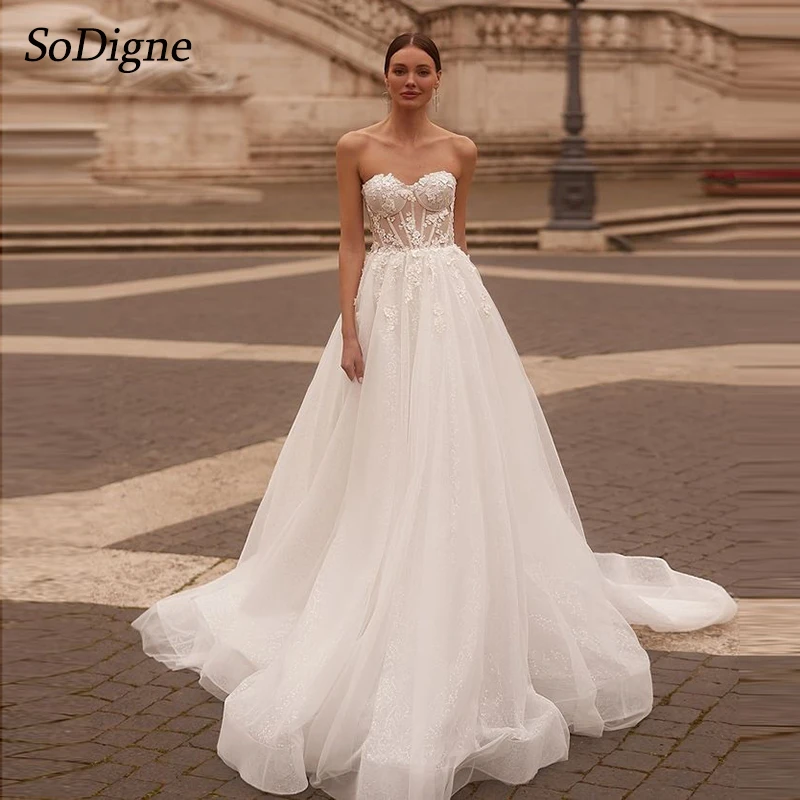 

SoDigne A-line Tulle Wedding Dresses Sweetheart Sleeveless Bridal Dress Appliques Boho Long Wedding Gown Robe De Mairee ﻿