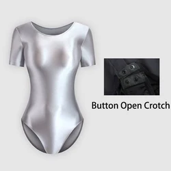 Men Women Button Open Crotch Sexy Short Sleeve Glossy Romper Bodysuit Sport Plus Size Tight Satin One Pieces Leotard Costume