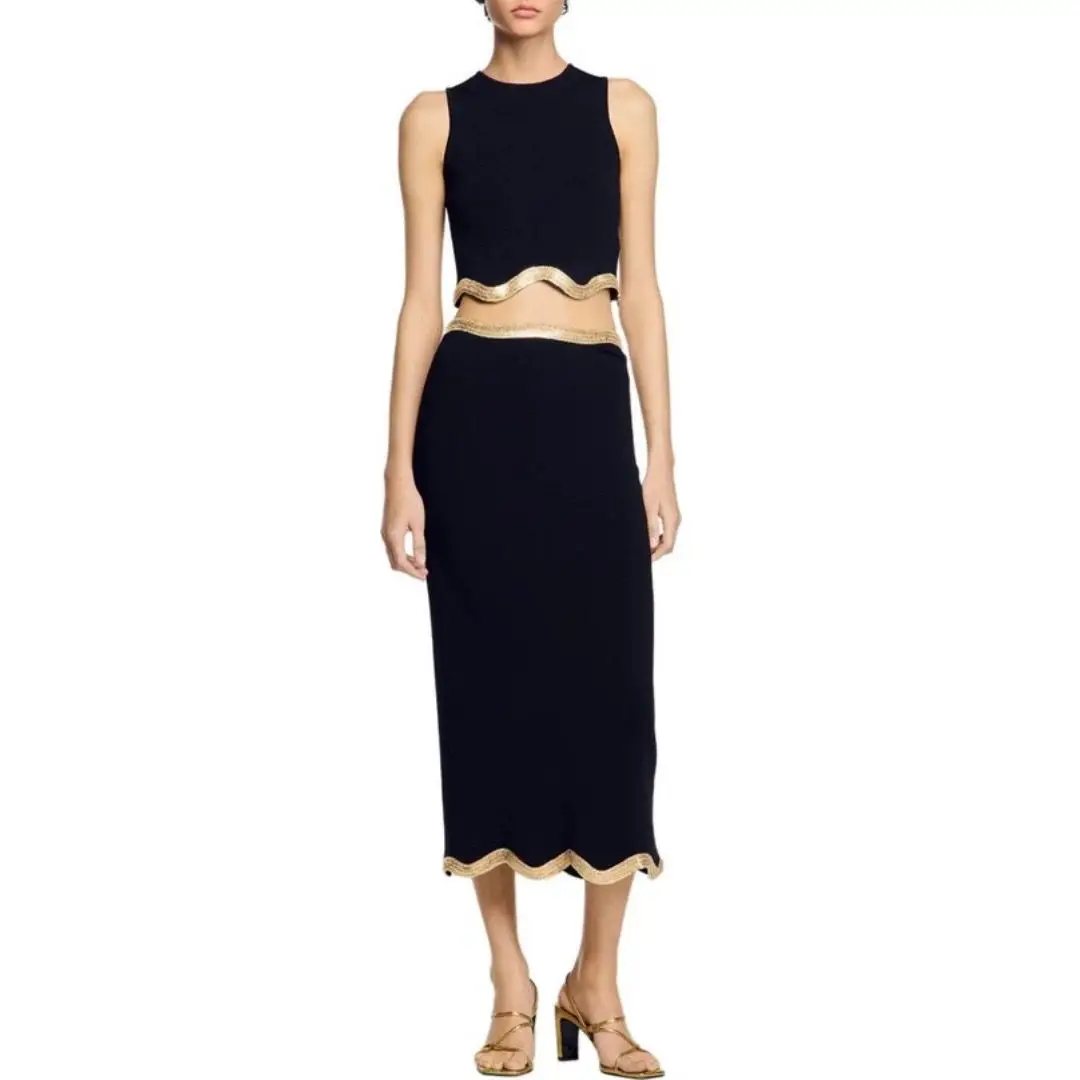 

Summer Luxury Women's Knitted Two-Piece Set Sleeveless Vests Top with Half-Length Skirt High Street Fashion Lady's Outfit