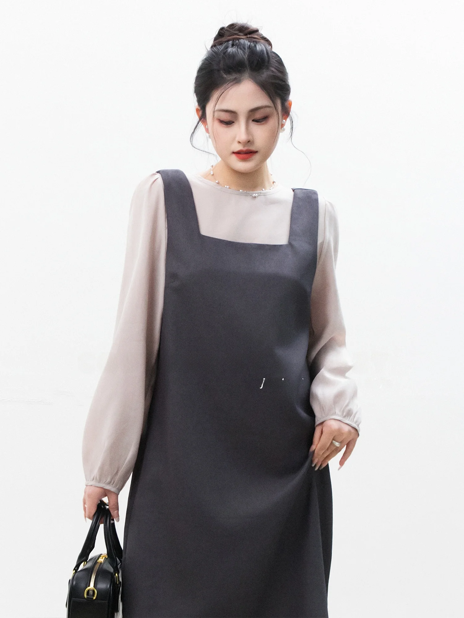 

Chelzy Korean Sle Gentle Square Collar Bib Set Women's Spring Autumn Ele Aosphere Layering Two Piece Set