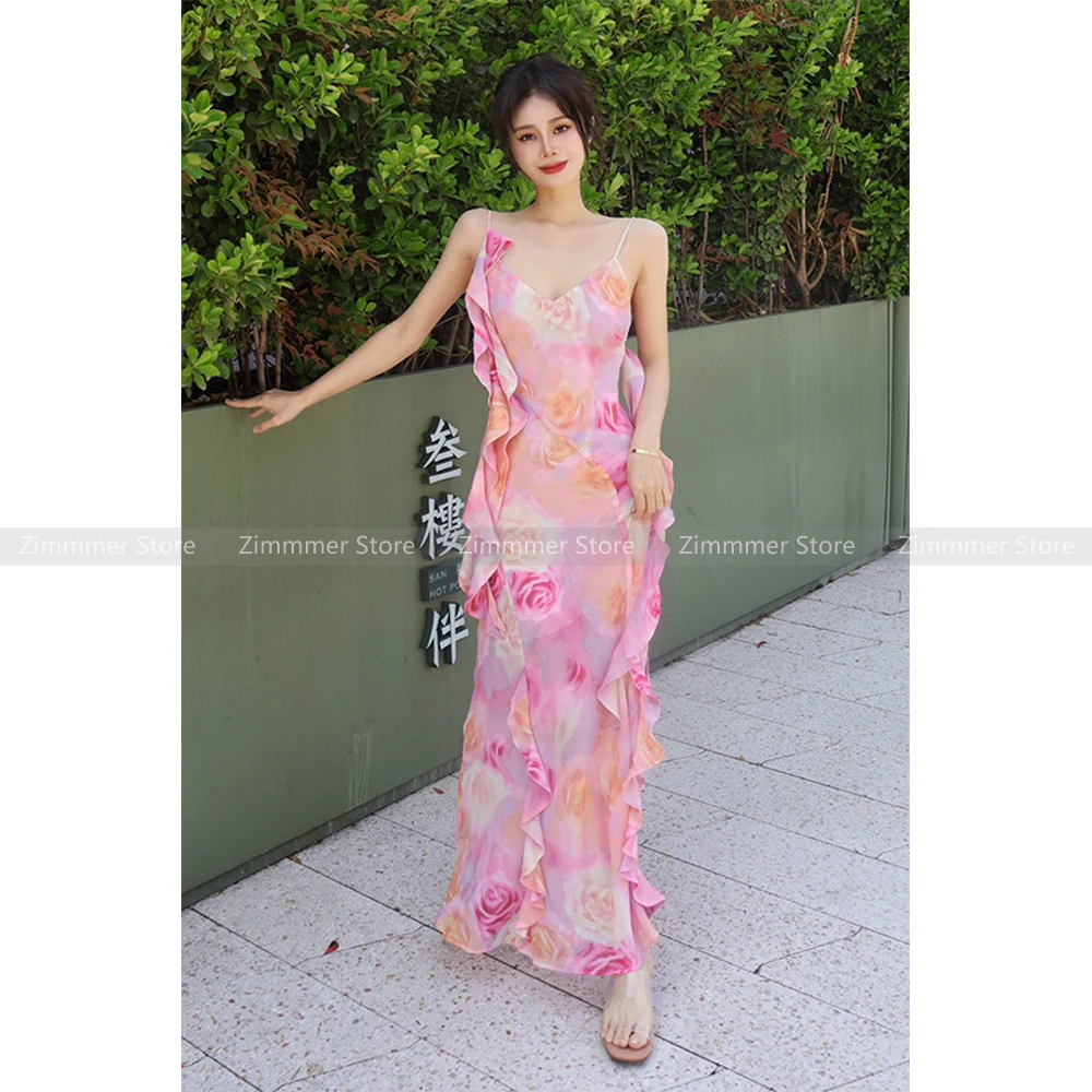 

French sweet resort style rose print v-neck slit flutter halter dress 2024 summer long dresses