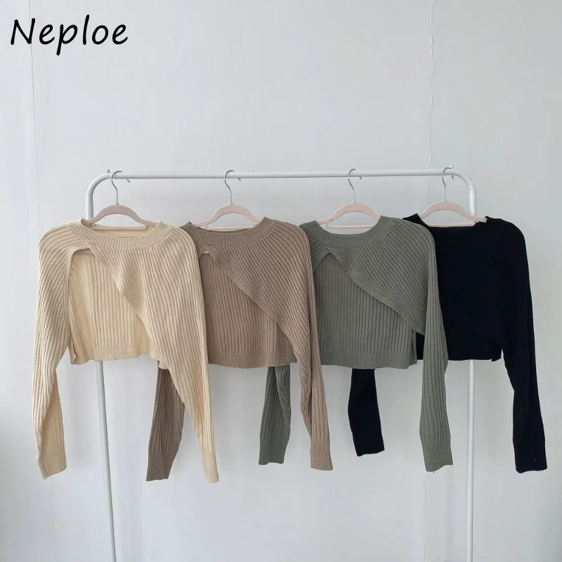 Neploe Jersey Mujer Vintage Sweater O Neck Solid Color Long Sleeve Irregular Pull Femme Knitted Pullover Women Clothing Jumpers