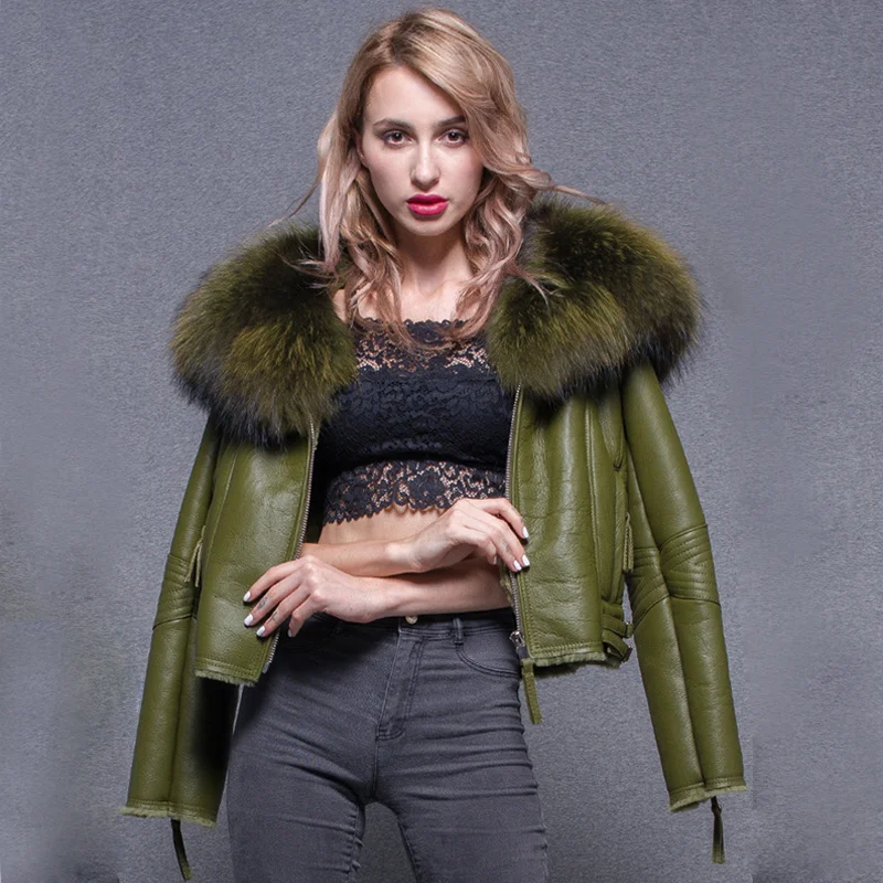 

Real Top Quality 2023 Women Winter Coat Full Sheepskin Leather Jackets Large Real Raccoon Fur Female Thick Genuine Leather Coats