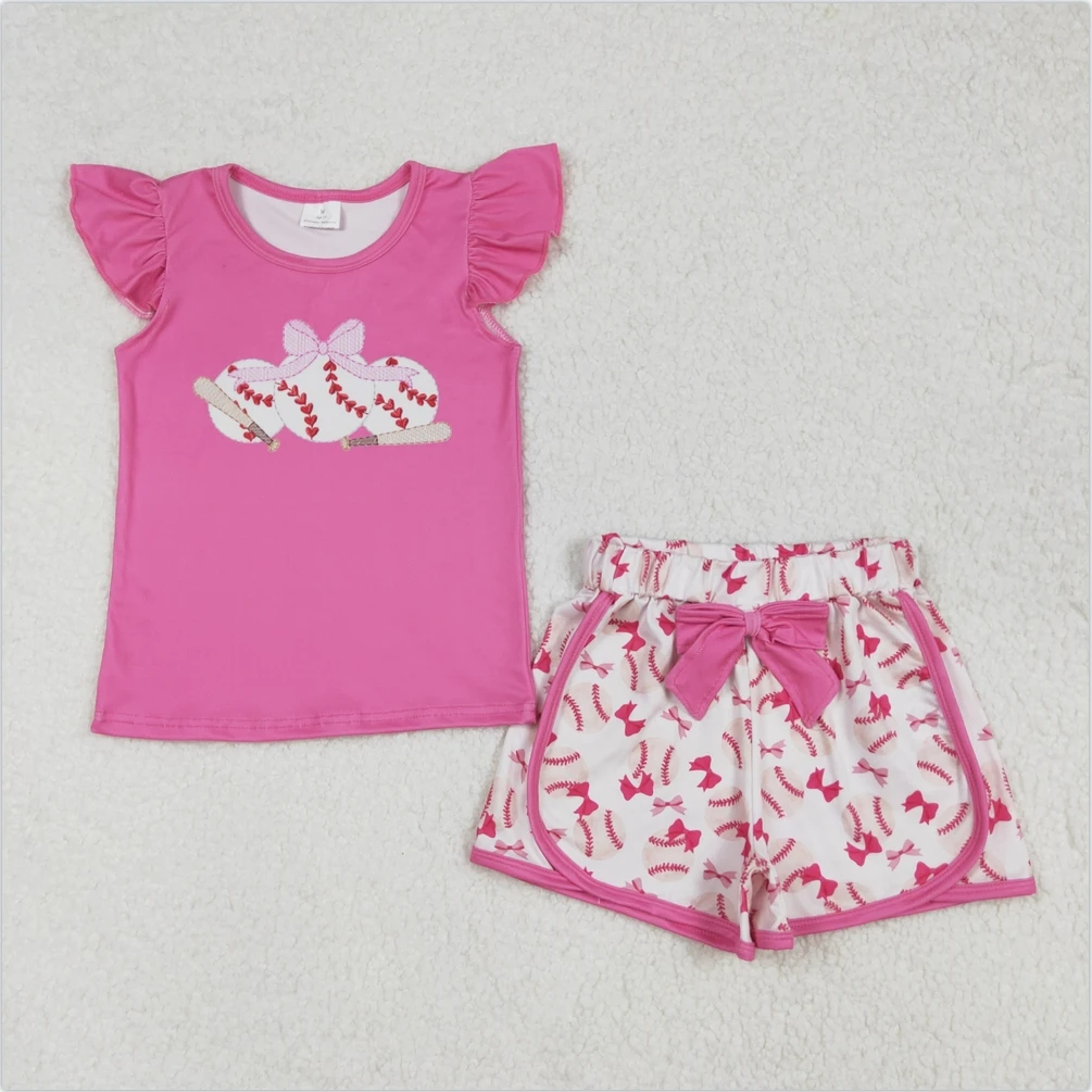 

Kid New Arrival Cute Girls Outfits Summer Pink Baseball Bows Shirts Bows Baby Girls Shorts Set 2 Pieces Sets Kids Clothes New