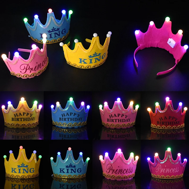 LED Crown Headband Happy Birthday Cap Girl Boy Luminous Hat Headband for Adult Kids Birthday Party Photo Props Decor Baby Shower