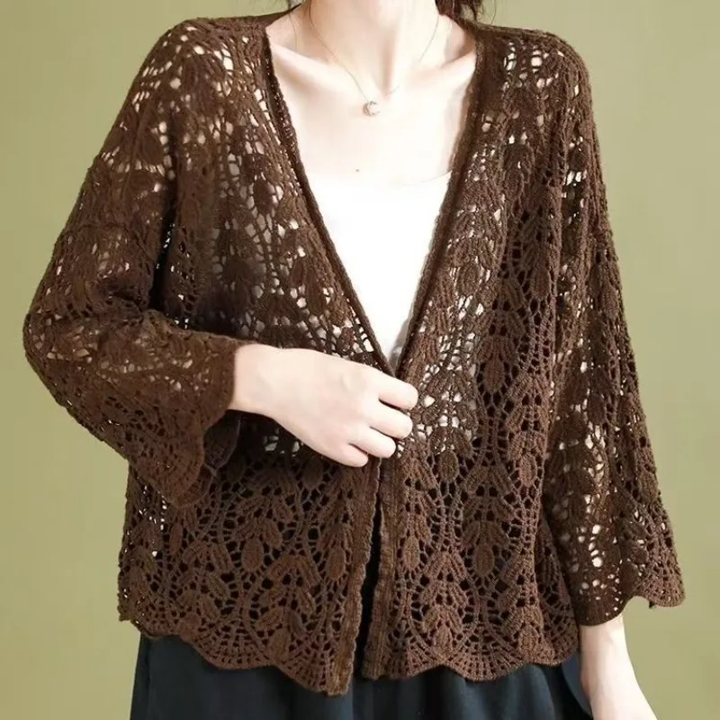 Cárdigan hueco de punto fino para mujer, Top de moda coreana, camisa corta suelta con protección solar con aire acondicionado, novedad de primavera