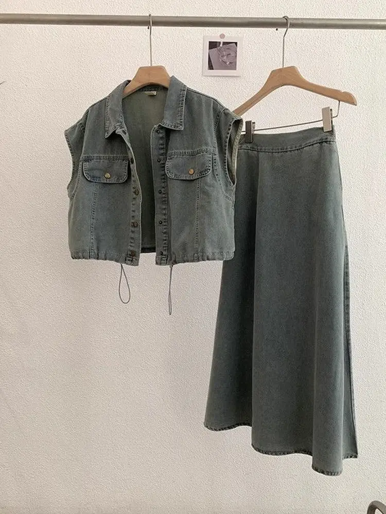 

plus Size Faionable Retro Denim Set Women's Loose Slimming Summer irt Skirt Two-Piece Suit Chinese Production ort Sv...