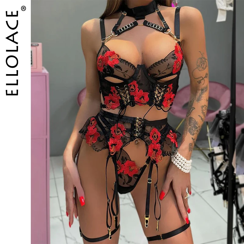 

Ellolace Luxury Sexy Lingerie Fantasy Hollow Bra Lace Seductive Underwear Sissy Sensual Exotic Sets Ensemble Garter Intimate