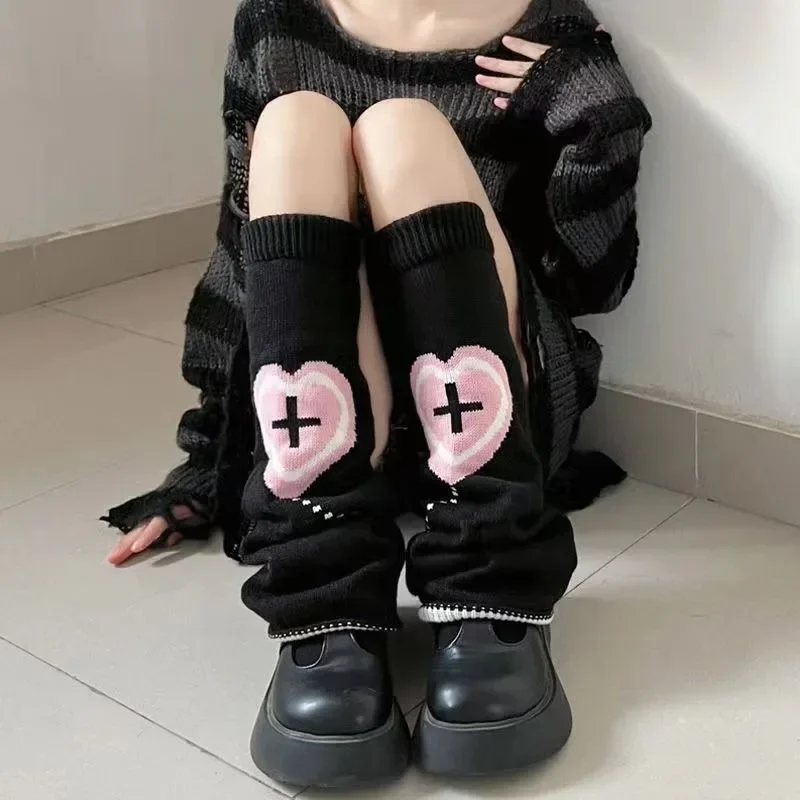 Y2K Japanese Two Side Wear Knitted Long Socks Reversible Leg Warmer Punk Streetwear Cross Boot Cover Harajuku Gothic Pończochy