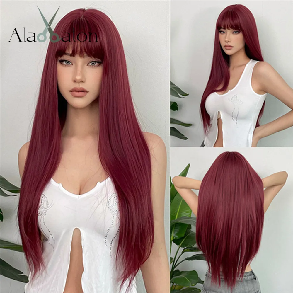 ALAN EATON Long Wine Red Hair Natural Straight Wigs with Bangs Burgundy Daily Party Synthetic Wig for Women Heat Resistant Fiber