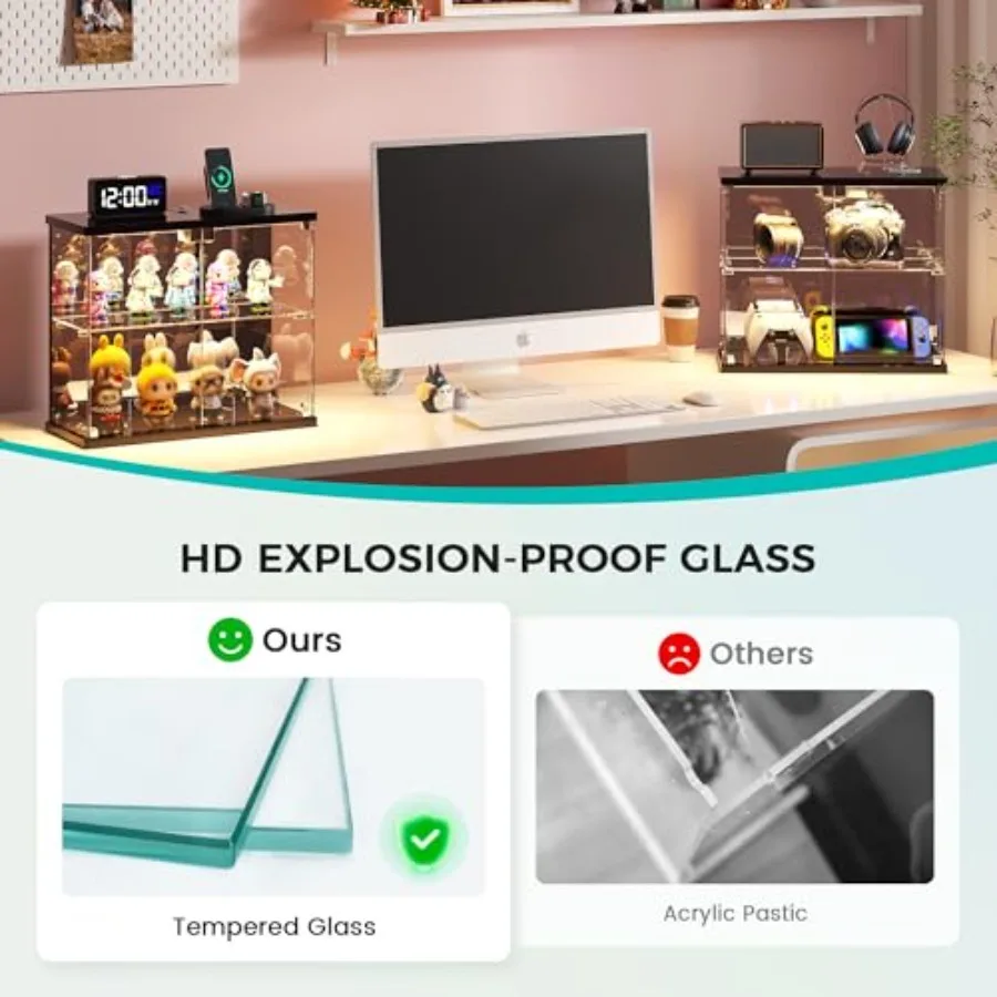 2pc Glass Display Case with LED Lights for Collectible Figures: Clear Tempered Glass, Black Frame, Adjustable Shelves, Soft Glo view 5