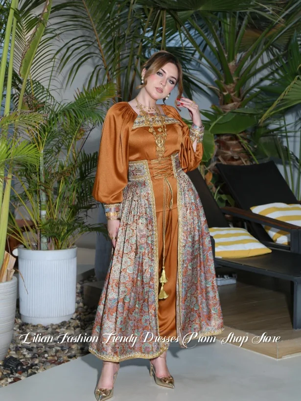 Customised Gorgeous Orange Indian Arabian Evening Gown Floral Print LongSleeve Ball Gown Wedding Party Dress Mother of the Bride